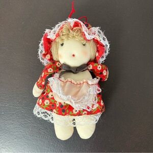 Vintage Russ Berrie Christmas Ornament Stuffed Rag Doll Bonnet Floral Lace Dress